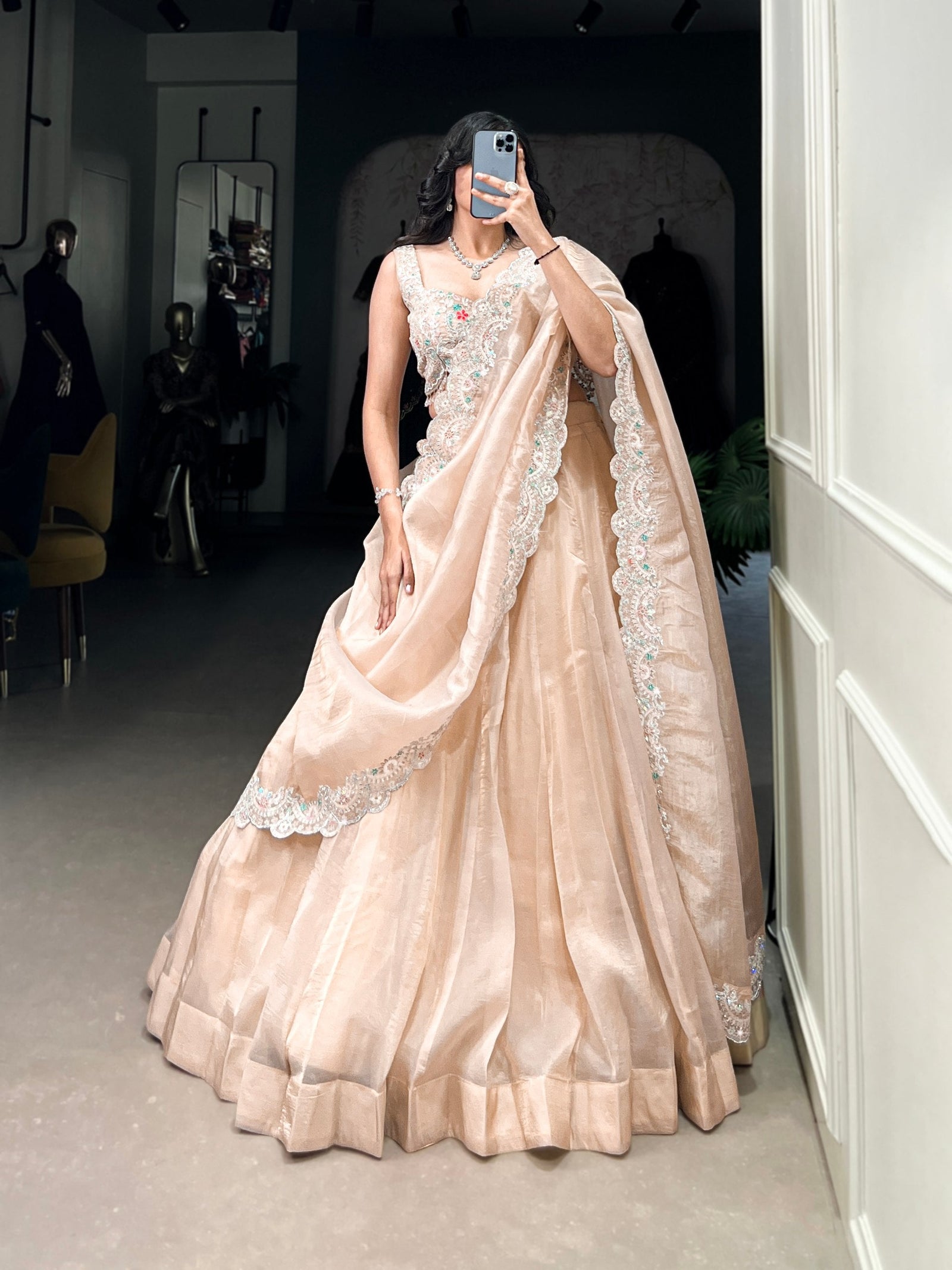Cream Radiant Gold Crush Lehenga Set – Luxe Elegance with Jarkan Diamond & Sequin Embroidery ClothsVilla
