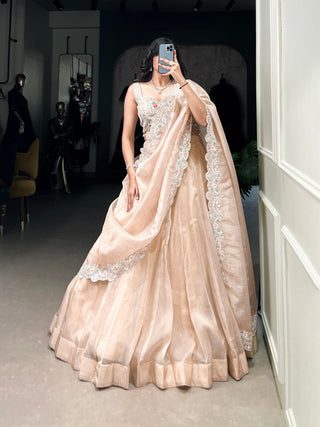 Cream Radiant Gold Crush Lehenga Set – Luxe Elegance with Jarkan Diamond & Sequin Embroidery ClothsVilla