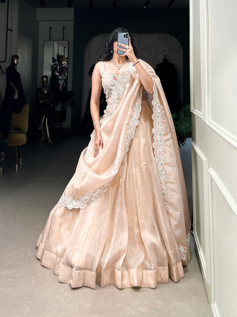 Cream Radiant Gold Crush Lehenga Set – Luxe Elegance with Jarkan Diamond & Sequin Embroidery ClothsVilla Main image
