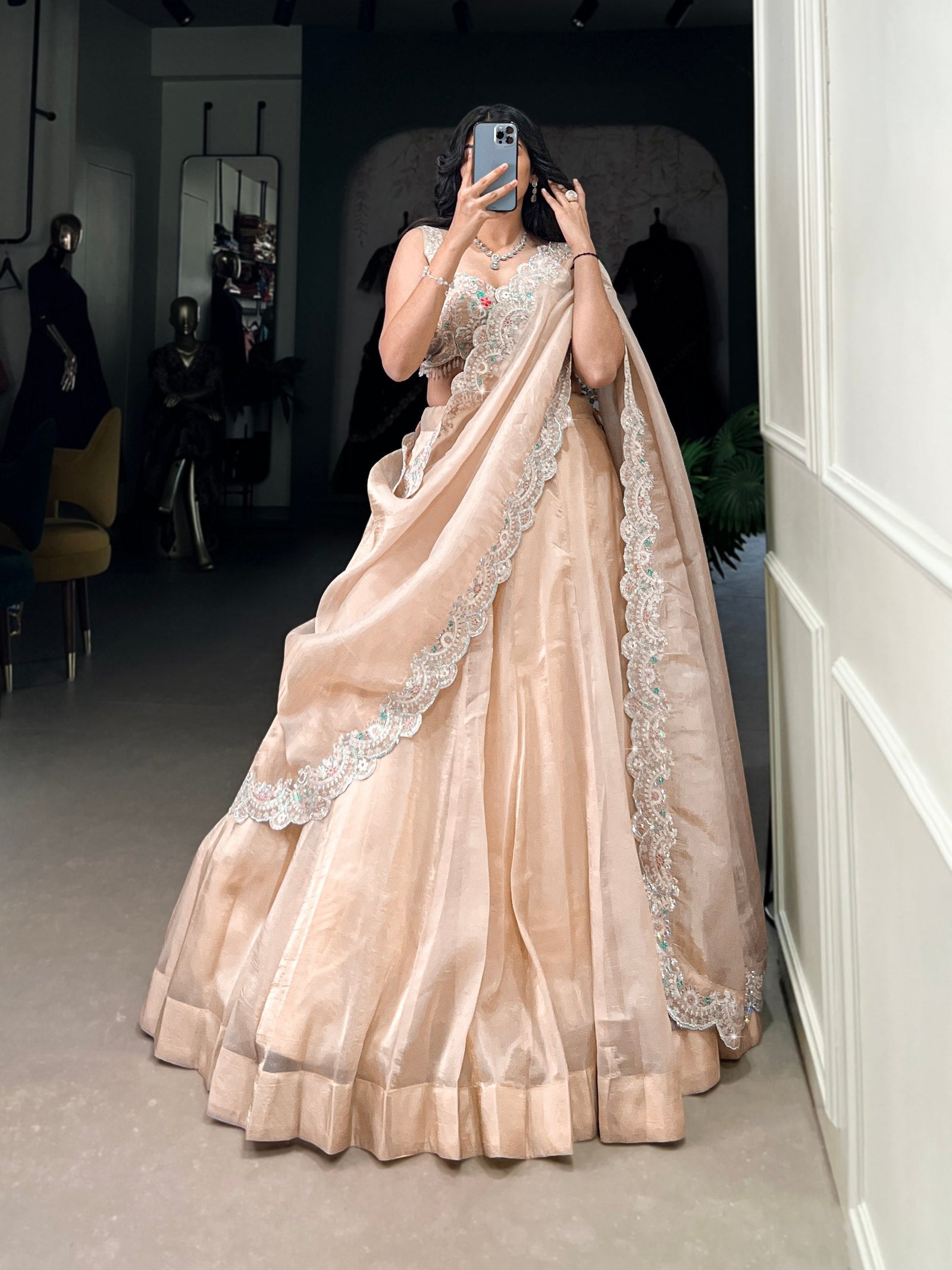 Cream Radiant Gold Crush Lehenga Set – Luxe Elegance with Jarkan Diamond & Sequin Embroidery ClothsVilla
