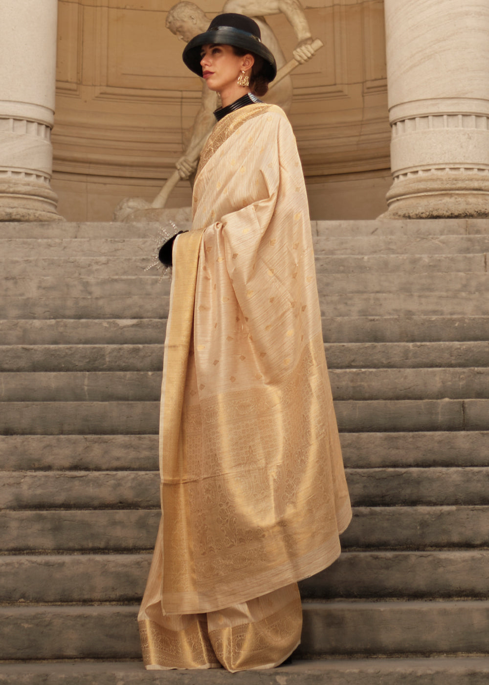 Cream Regal Banarasi Blended Silk Saree with Intricate Timeless Design & Unstitched Blouse ClothsVilla Main image