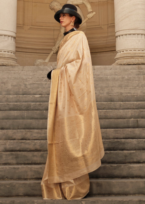 Cream Regal Banarasi Blended Silk Saree with Intricate Timeless Design & Unstitched Blouse ClothsVilla Main image