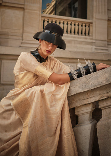 Cream Regal Banarasi Blended Silk Saree with Intricate Timeless Design & Unstitched Blouse ClothsVilla