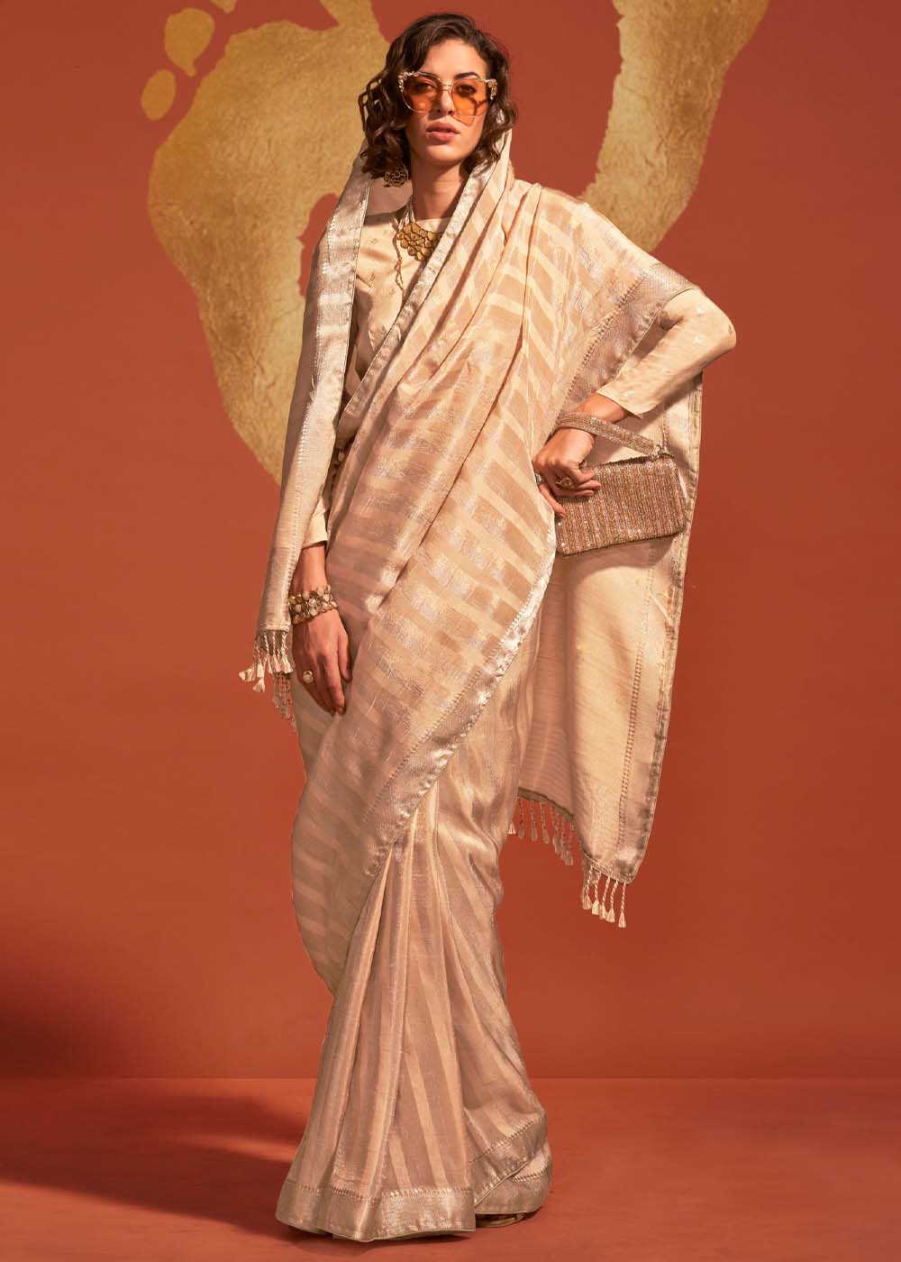 Cream Regal Banarasi Blended Silk Saree with Timeless Intricate Design ClothsVilla