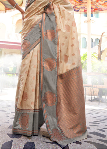 Cream Regal Banarasi Silk Saree – Vintage Elegance with Intricate Detailing ClothsVilla
