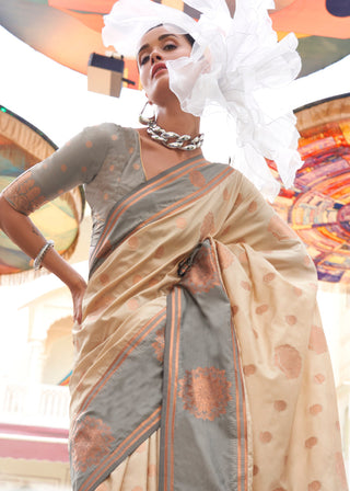 Cream Regal Banarasi Silk Saree – Vintage Elegance with Intricate Detailing ClothsVilla