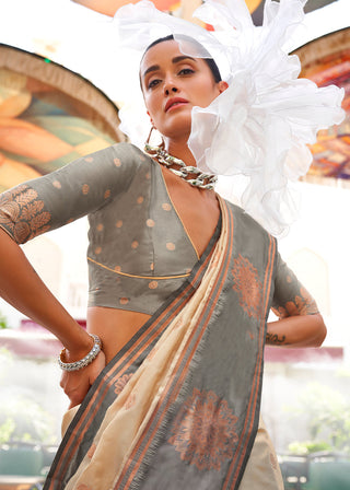 Cream Regal Banarasi Silk Saree – Vintage Elegance with Intricate Detailing ClothsVilla