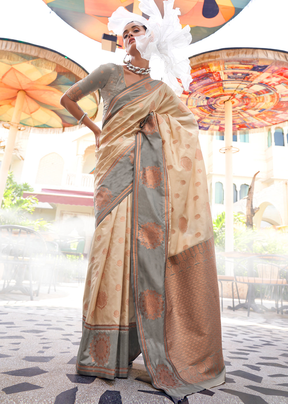 Cream Regal Banarasi Silk Saree – Vintage Elegance with Intricate Detailing ClothsVilla Main image