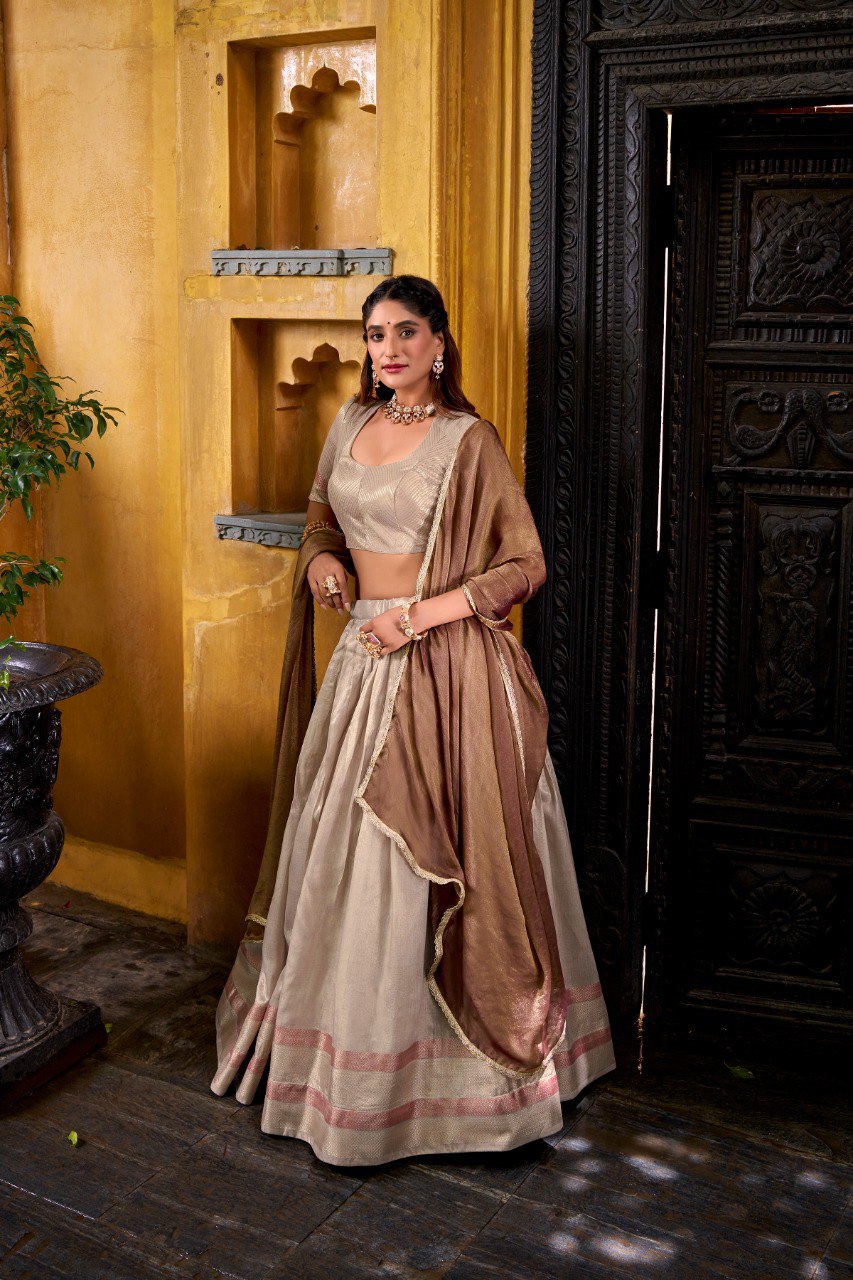 Cream Royal Dupion Silk Zari Weaving Lehenga Choli with Zari Shimmer Dupatta – Stitched Traditional Ensemble ClothsVilla