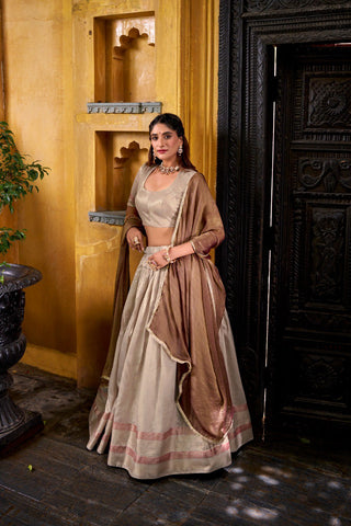 Cream Royal Dupion Silk Zari Weaving Lehenga Choli with Zari Shimmer Dupatta – Stitched Traditional Ensemble ClothsVilla