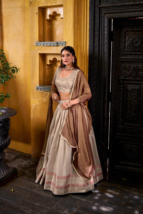 Cream Royal Dupion Silk Zari Weaving Lehenga Choli with Zari Shimmer Dupatta – Stitched Traditional Ensemble ClothsVilla Main image