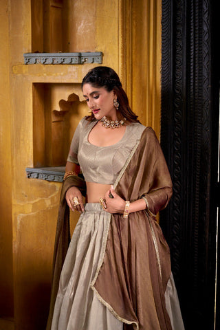 Cream Royal Dupion Silk Zari Weaving Lehenga Choli with Zari Shimmer Dupatta – Stitched Traditional Ensemble ClothsVilla