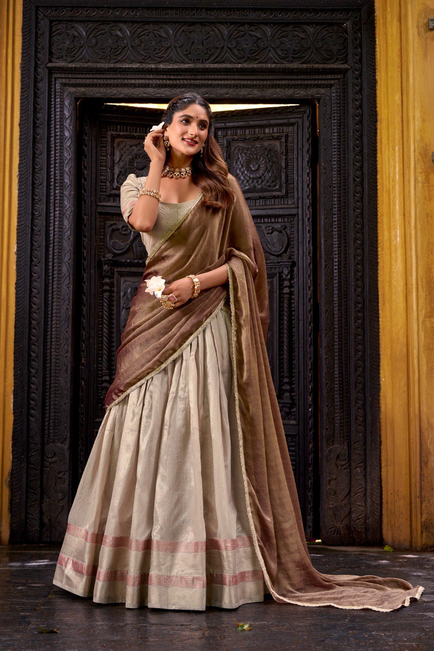 Cream Royal Dupion Silk Zari Weaving Lehenga Choli with Zari Shimmer Dupatta – Stitched Traditional Ensemble ClothsVilla