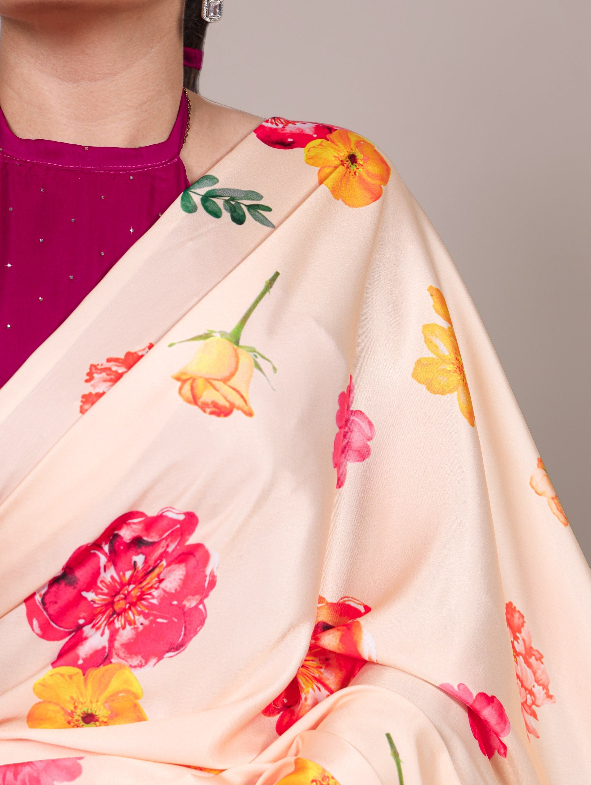Cream Satin Silk Printed Saree with Moonga Silk Hotfix Blouse ClothsVilla