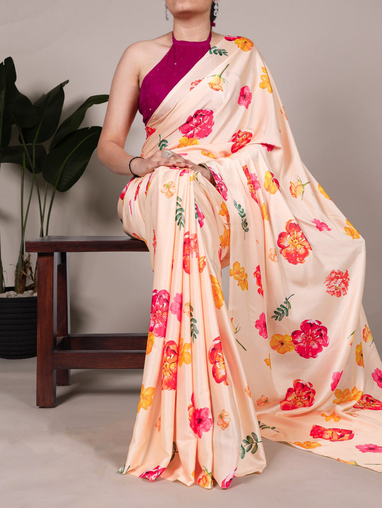 Cream Satin Silk Printed Saree with Moonga Silk Hotfix Blouse ClothsVilla
