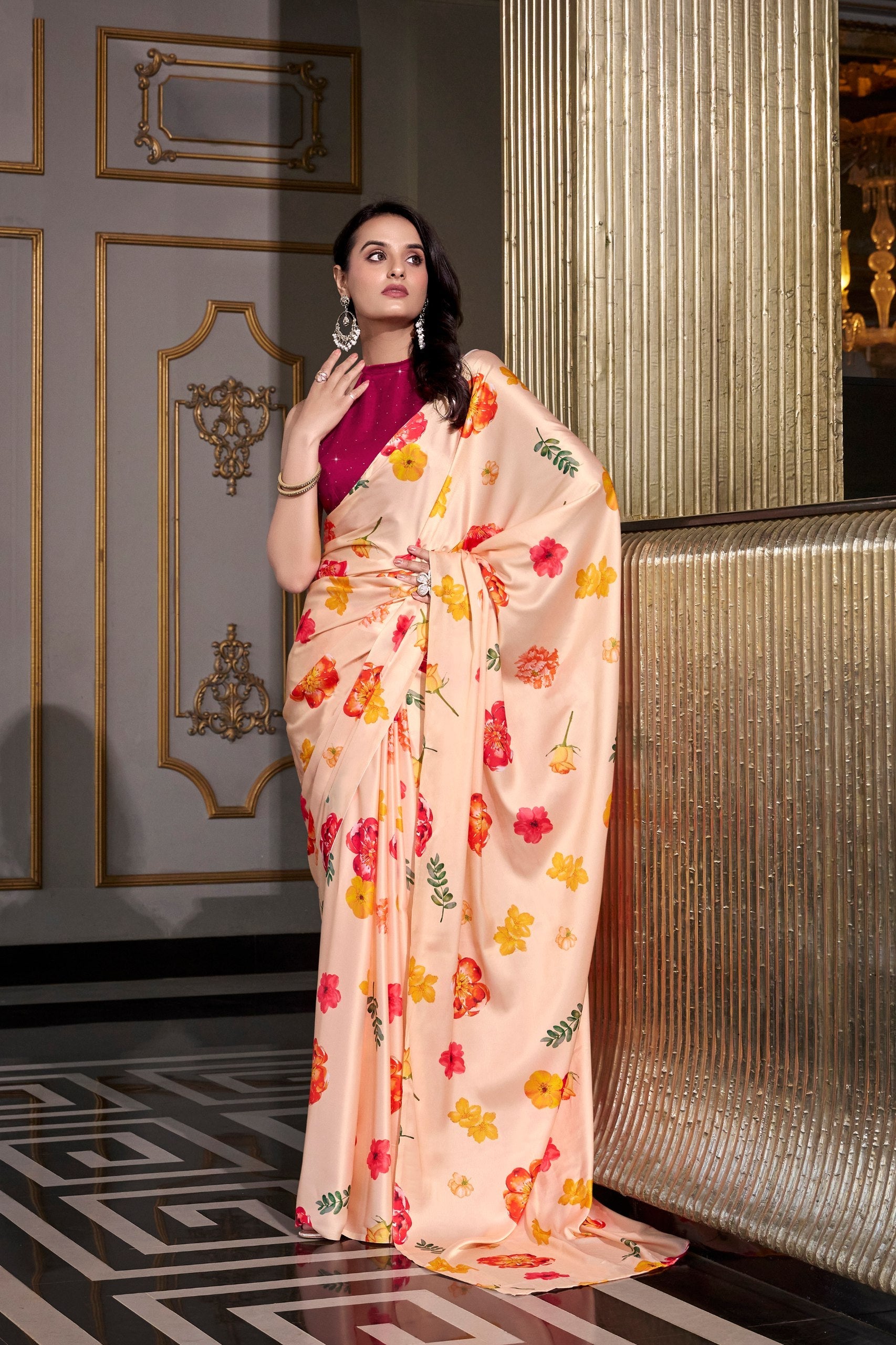 Cream Satin Silk Printed Saree with Moonga Silk Hotfix Blouse ClothsVilla Main image