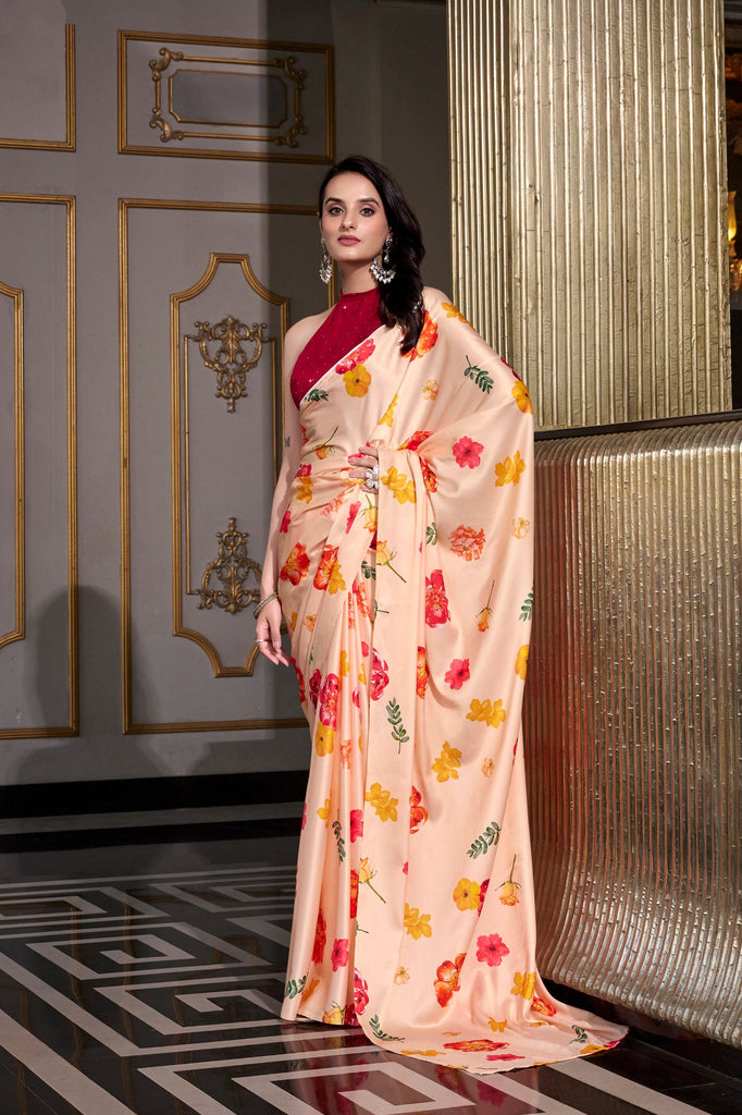 Cream Satin Silk Printed Saree with Moonga Silk Hotfix Blouse ClothsVilla