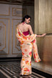Load image into Gallery viewer, Cream Satin Silk Printed Saree with Moonga Silk Hotfix Blouse ClothsVilla