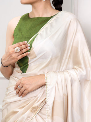 Cream Satin Silk Printed Saree with Pearl Lace ClothsVilla
