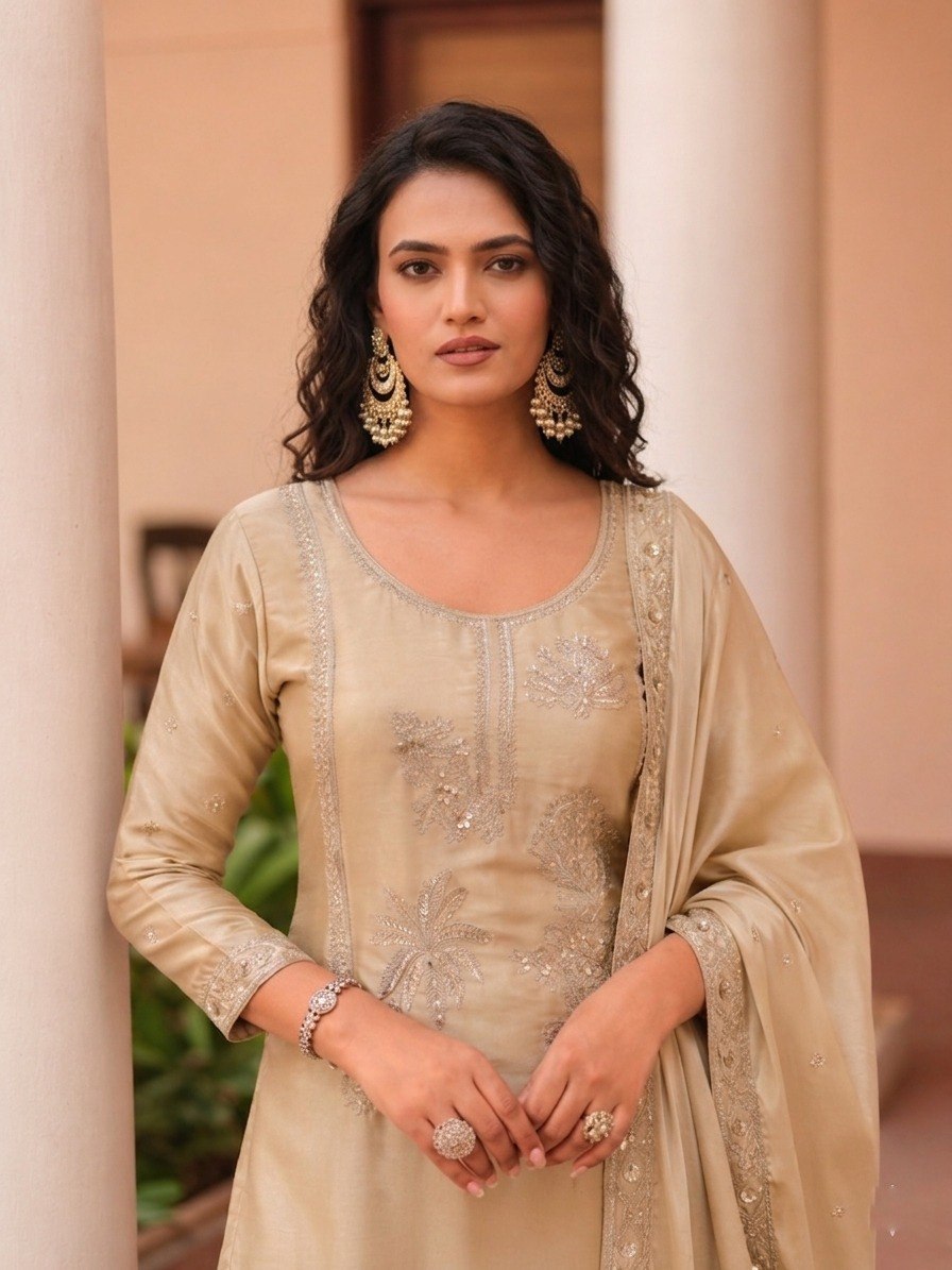 Cream Sequence Embroidered Sharara Suit ClothsVilla