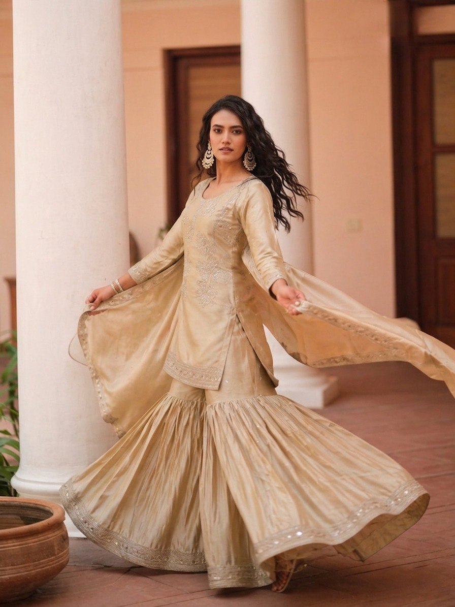 Cream Sequence Embroidered Sharara Suit ClothsVilla