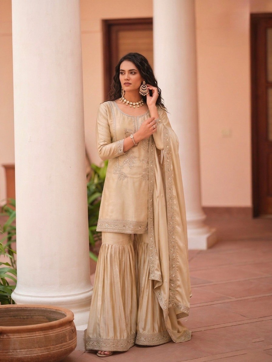 Cream Sequence Embroidered Sharara Suit ClothsVilla