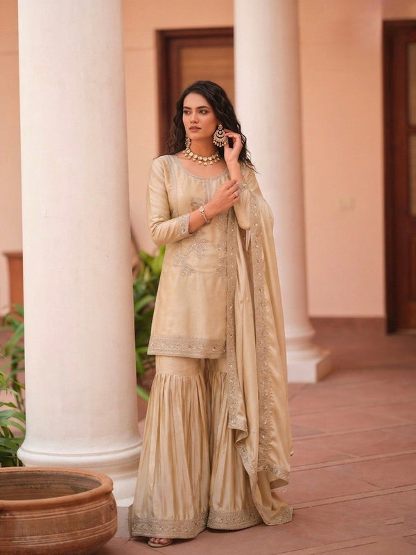 Cream Sequence Embroidered Sharara Suit ClothsVilla