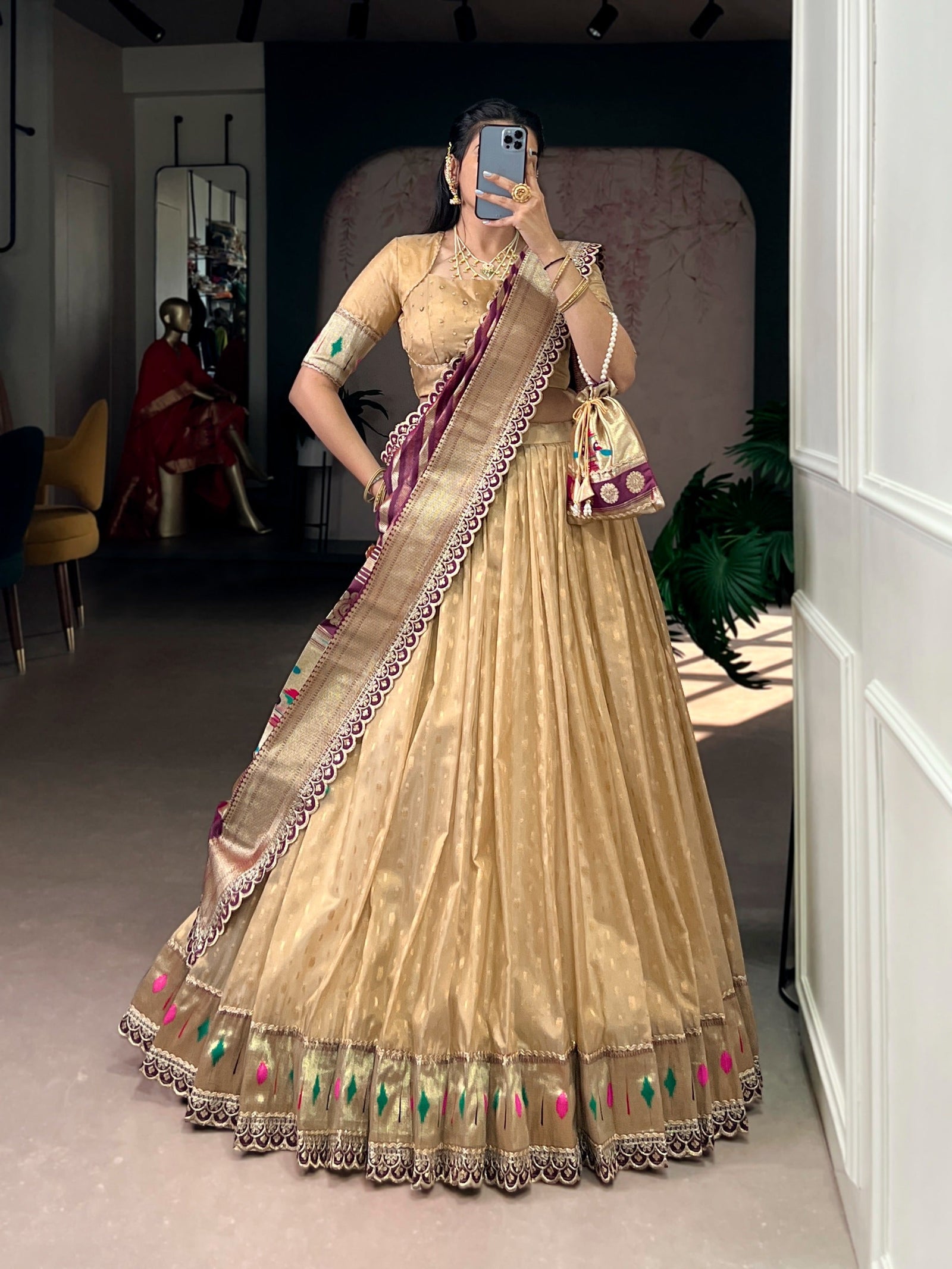 Cream Simmer Lehenga with Paithani Dupatta & Batwa ClothsVilla