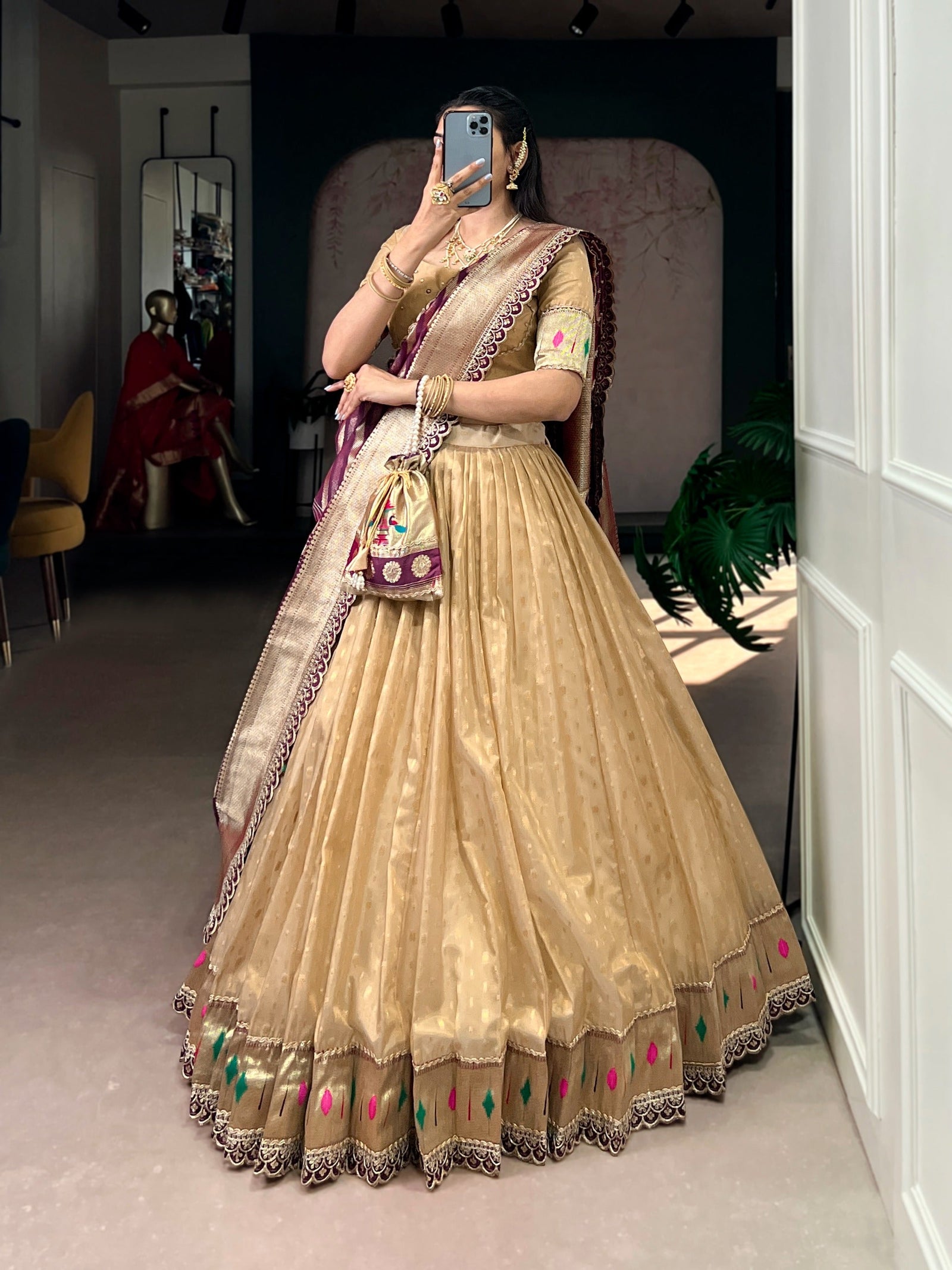 Cream Simmer Lehenga with Paithani Dupatta & Batwa ClothsVilla