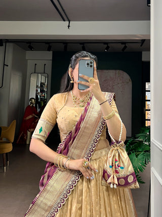 Cream Simmer Lehenga with Paithani Dupatta & Batwa ClothsVilla