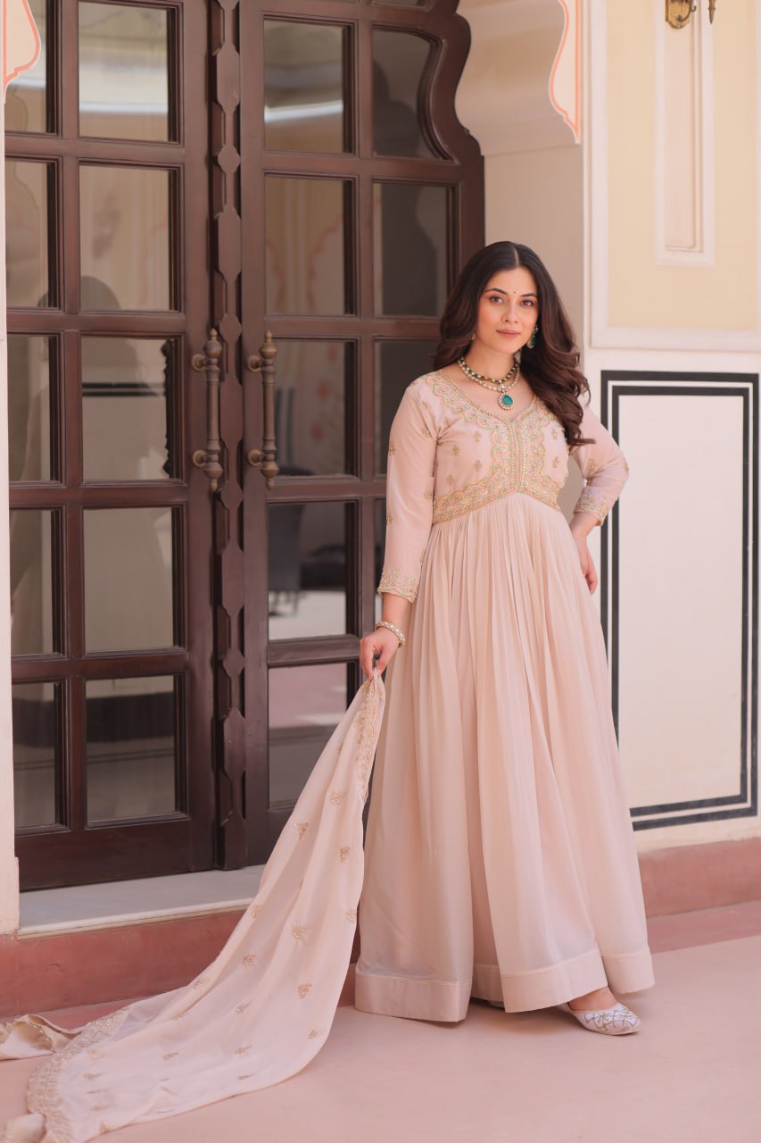 Cream Star Georgette Gown with Dupatta – Beads & Sequins Multi-Embroidery ClothsVilla