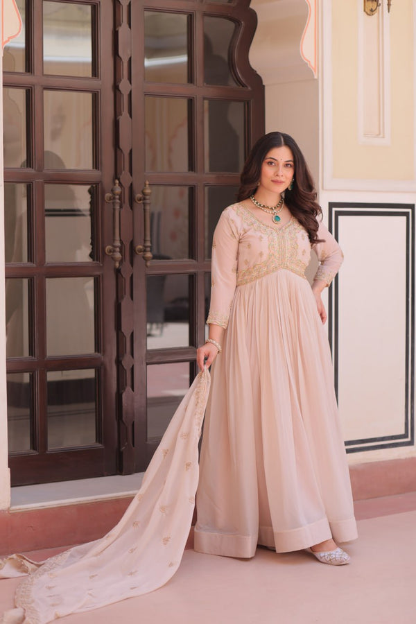 Cream Star Georgette Gown with Dupatta – Beads & Sequins Multi-Embroidery ClothsVilla
