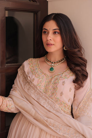 Cream Star Georgette Gown with Dupatta – Beads & Sequins Multi-Embroidery ClothsVilla