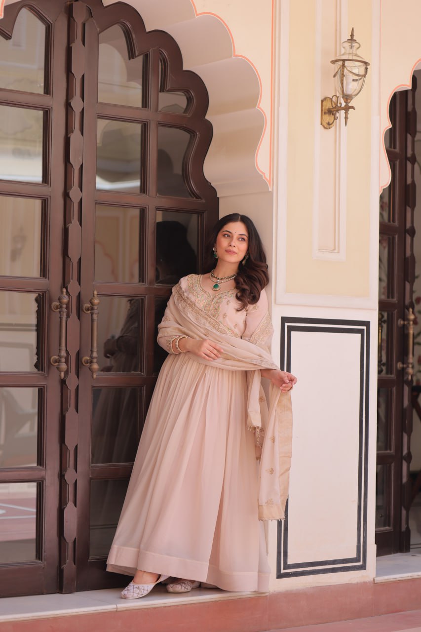 Cream Star Georgette Gown with Dupatta – Beads & Sequins Multi-Embroidery ClothsVilla