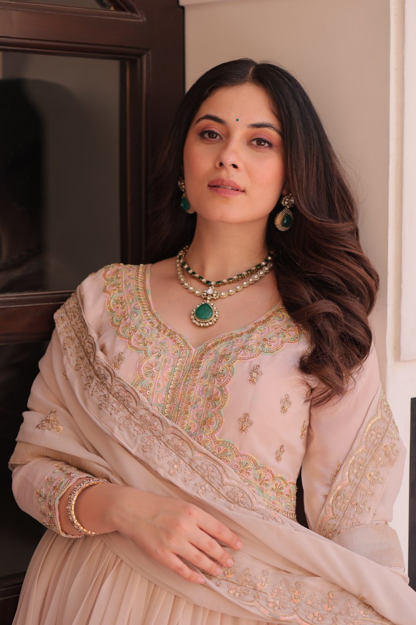 Cream Star Georgette Gown with Dupatta – Beads & Sequins Multi-Embroidery ClothsVilla