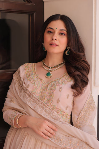 Cream Star Georgette Gown with Dupatta – Beads & Sequins Multi-Embroidery ClothsVilla