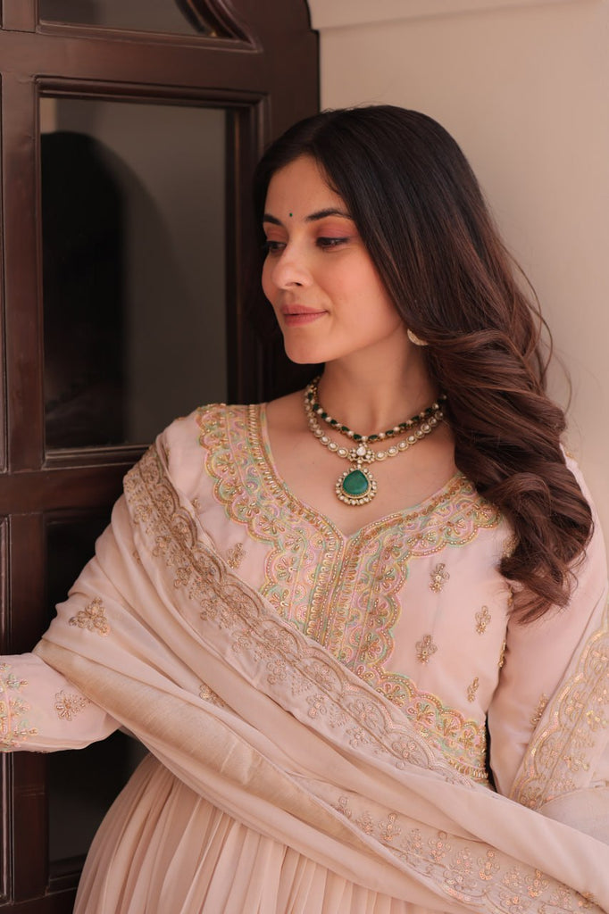 Cream Star Georgette Gown with Dupatta – Beads & Sequins Multi-Embroidery ClothsVilla