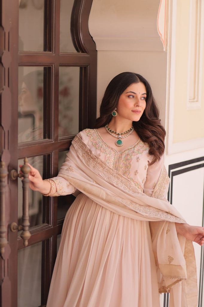 Cream Star Georgette Gown with Dupatta – Beads & Sequins Multi-Embroidery ClothsVilla