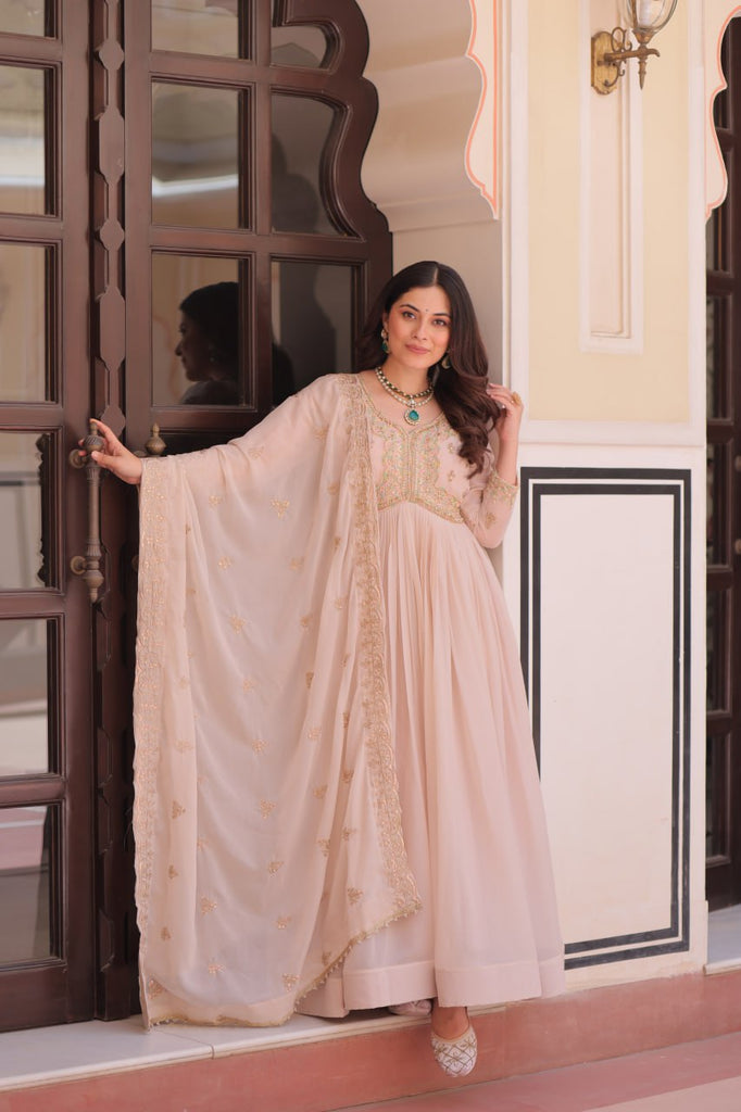 Cream Star Georgette Gown with Dupatta – Beads & Sequins Multi-Embroidery ClothsVilla
