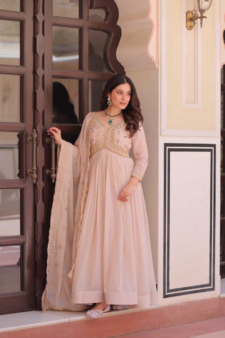 Cream Star Georgette Gown with Dupatta – Beads & Sequins Multi-Embroidery ClothsVilla Main image