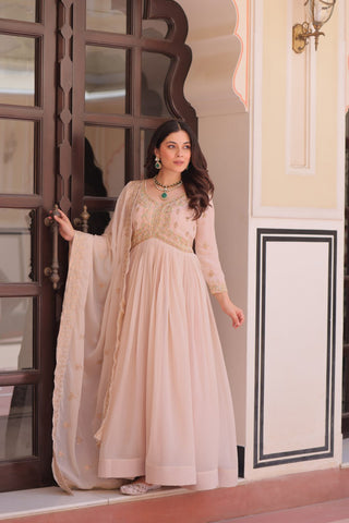 Cream Star Georgette Gown with Dupatta – Beads & Sequins Multi-Embroidery ClothsVilla