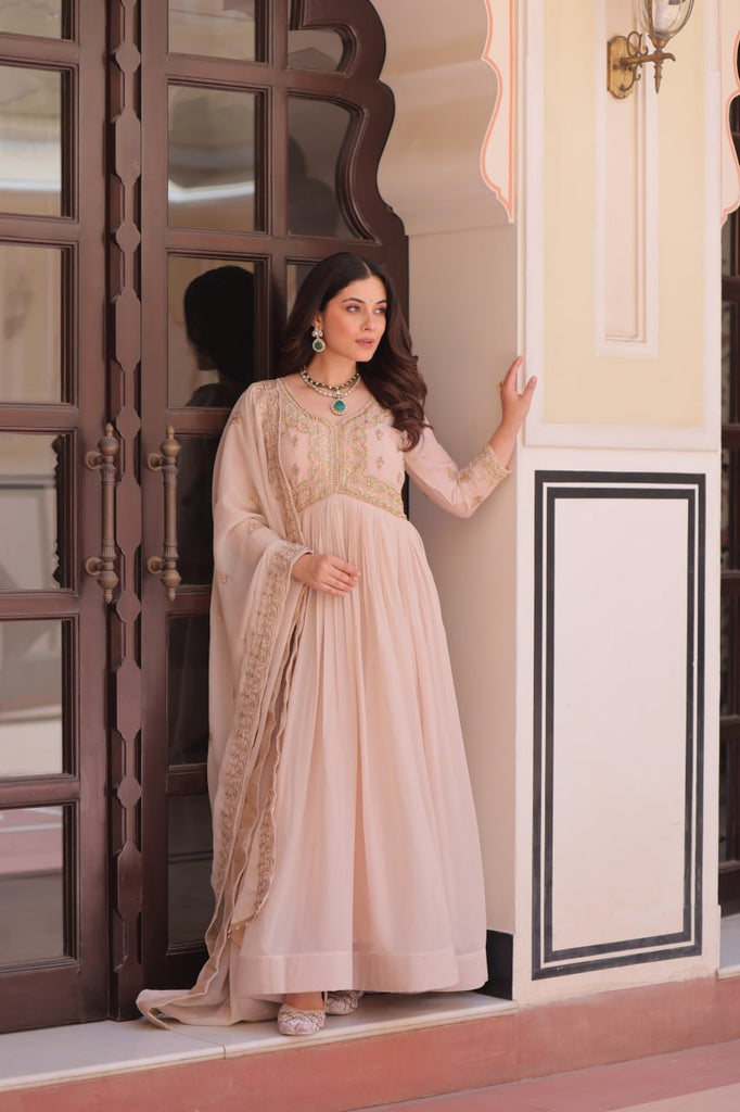Cream Star Georgette Gown with Dupatta – Beads & Sequins Multi-Embroidery ClothsVilla