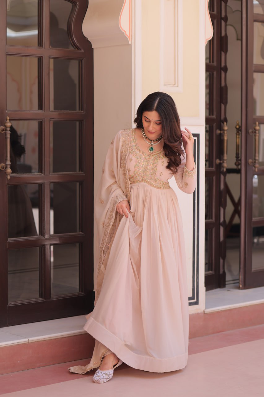 Cream Star Georgette Gown with Dupatta – Beads & Sequins Multi-Embroidery ClothsVilla