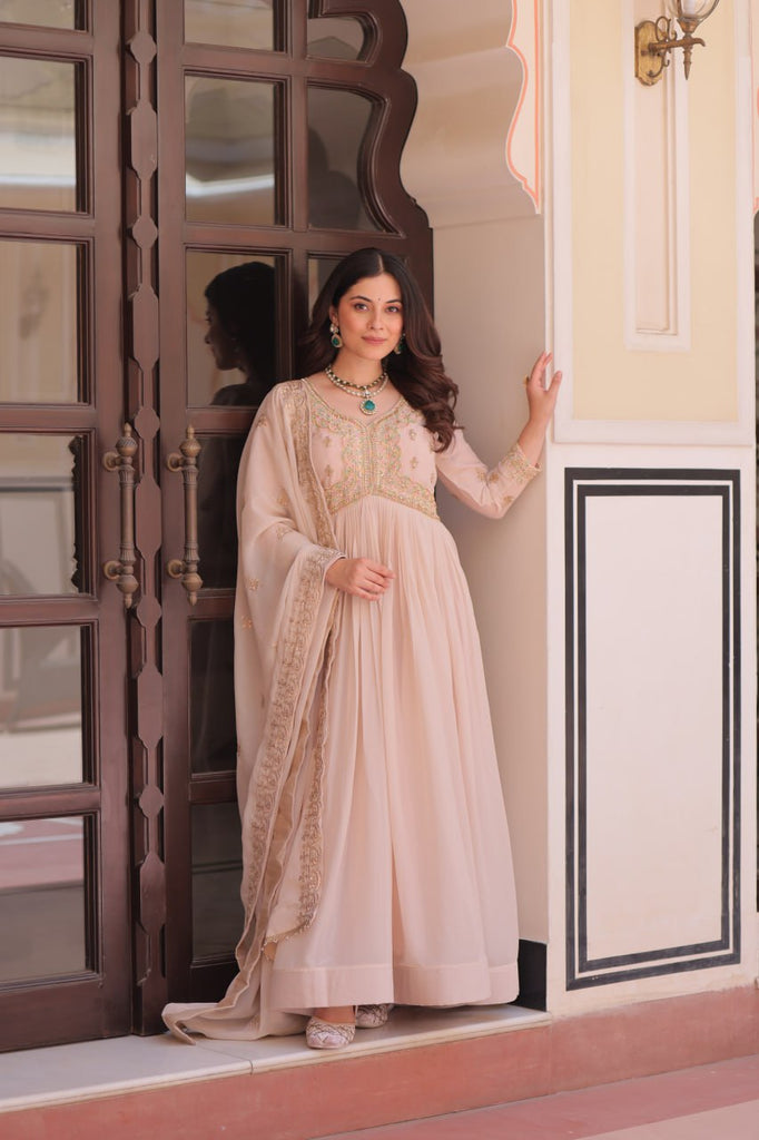 Cream Star Georgette Gown with Dupatta – Beads & Sequins Multi-Embroidery ClothsVilla