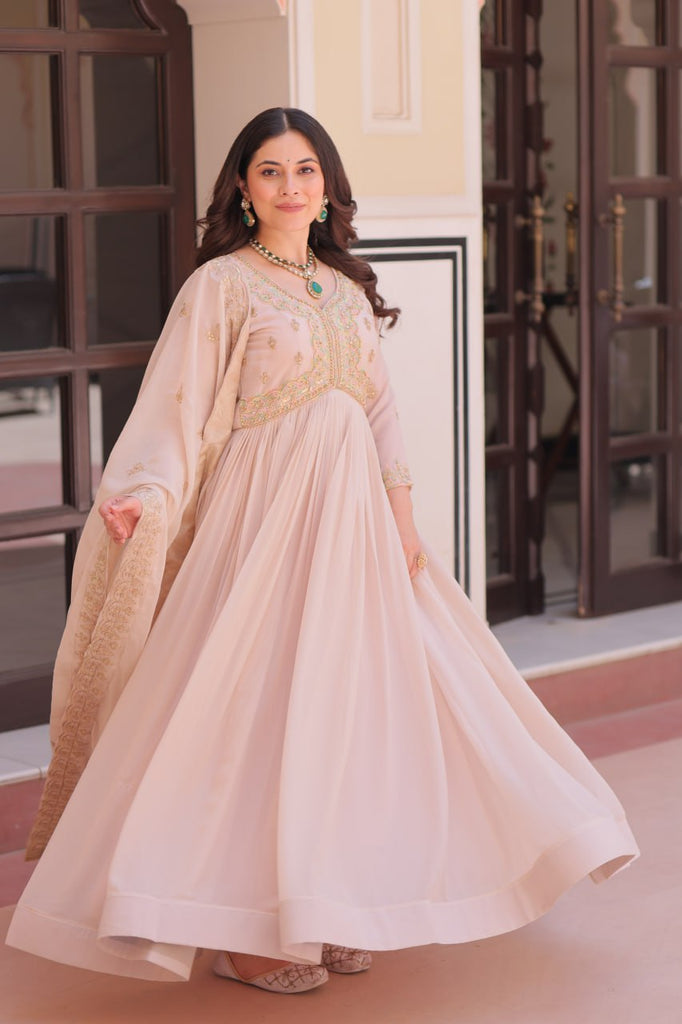 Cream Star Georgette Gown with Dupatta – Beads & Sequins Multi-Embroidery ClothsVilla
