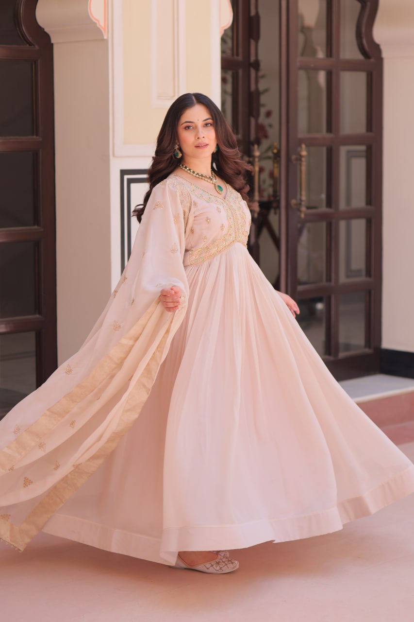 Cream Star Georgette Gown with Dupatta – Beads & Sequins Multi-Embroidery ClothsVilla