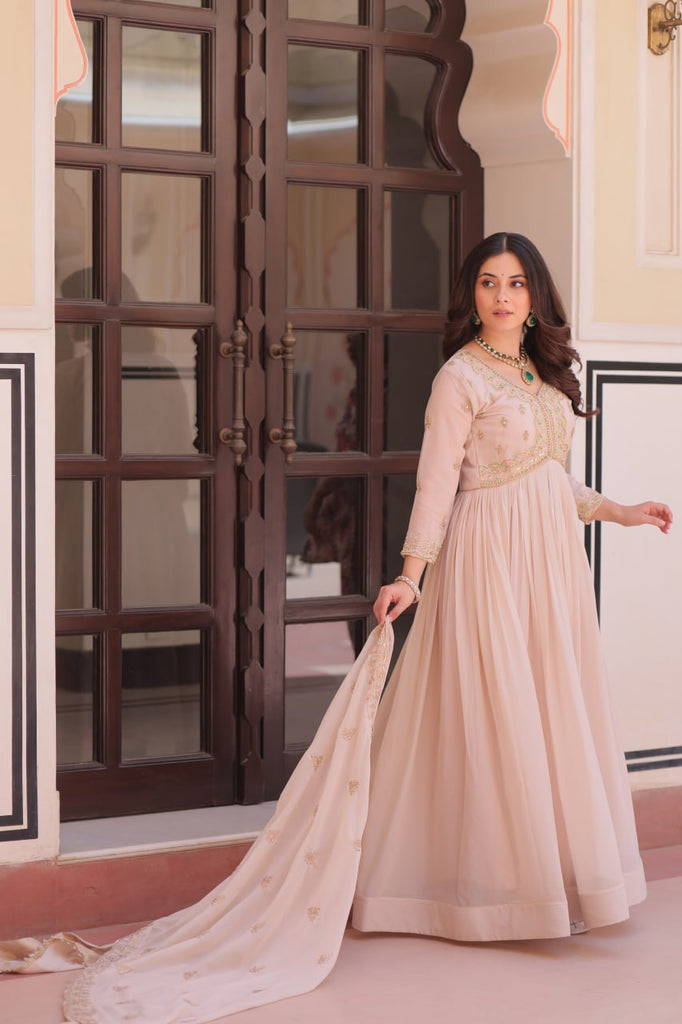 Cream Star Georgette Gown with Dupatta – Beads & Sequins Multi-Embroidery ClothsVilla