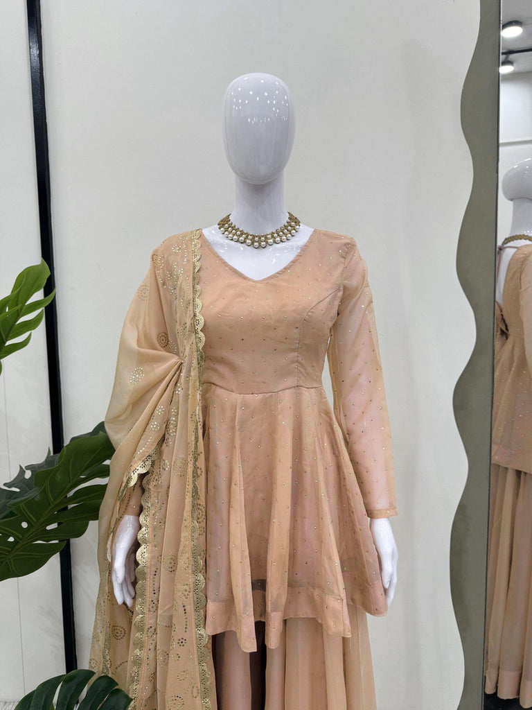 Cream Tabby Organza Work Suit Set with Plazo & Dupatta ClothsVilla