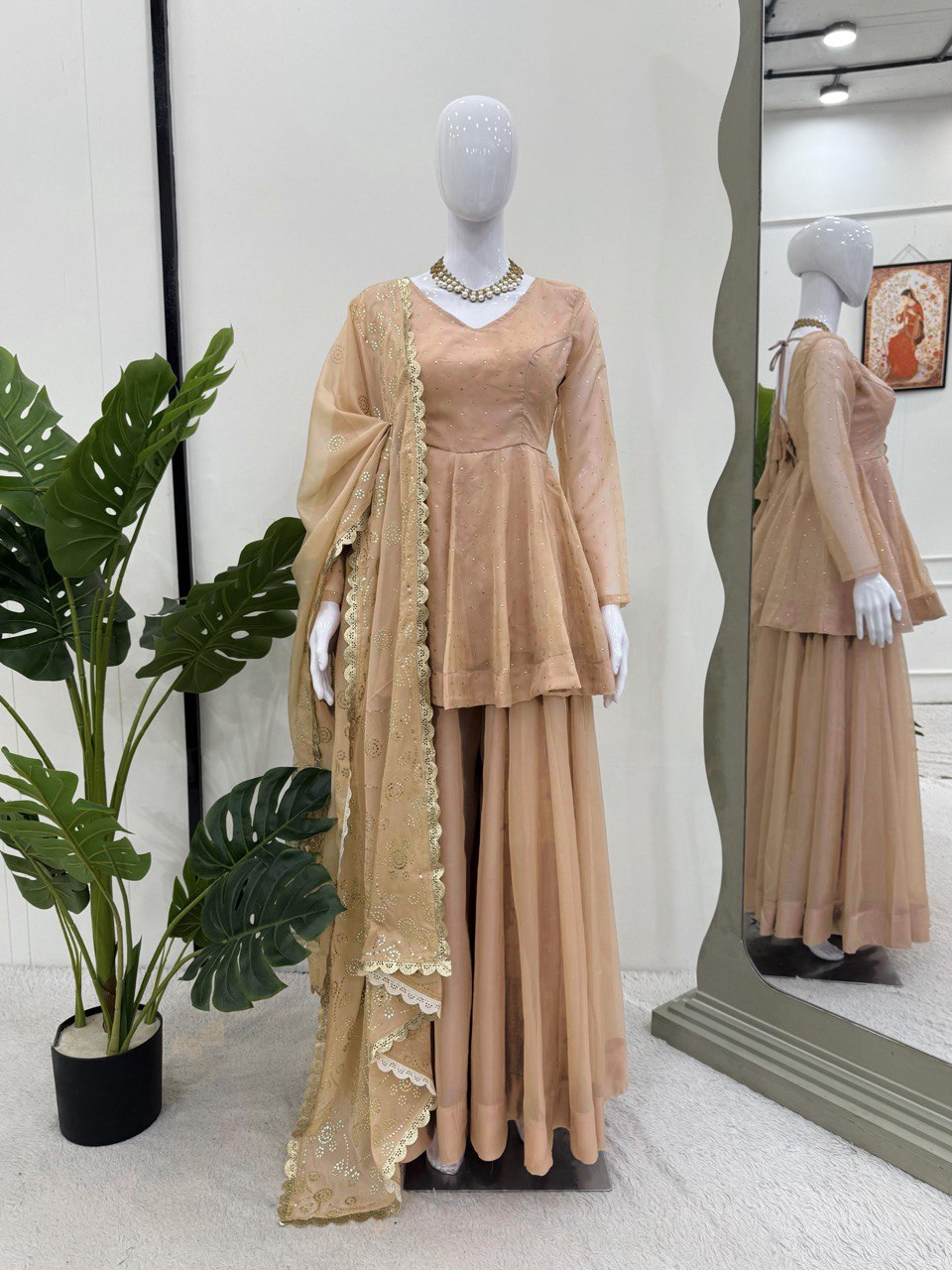 Cream Tabby Organza Work Suit Set with Plazo & Dupatta ClothsVilla