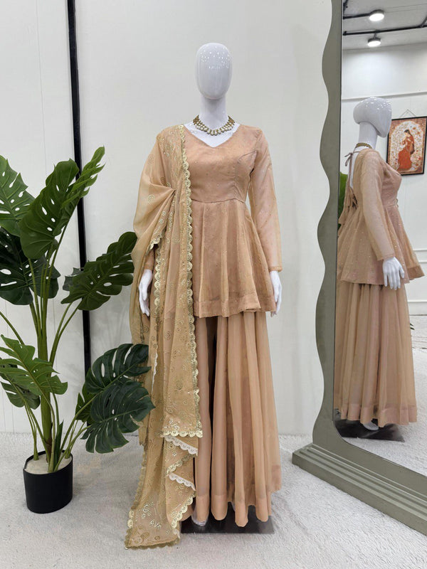 Cream Tabby Organza Work Suit Set with Plazo & Dupatta ClothsVilla